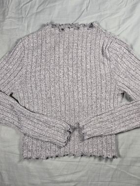 Heart & Hips Women's M Gray Ribbed Knit Mock Neck Ruffle Pullover Sweater Shirt